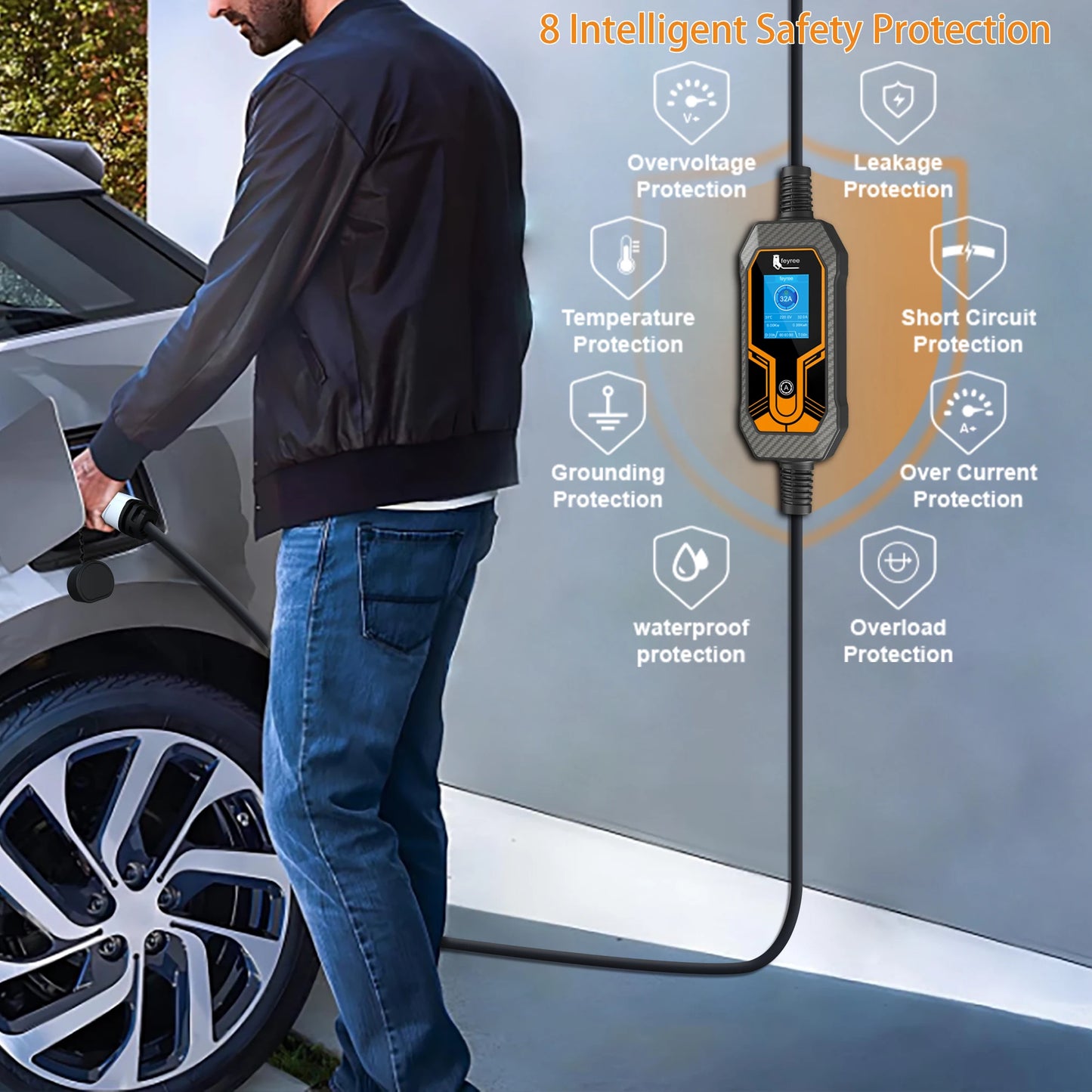 Feyree kaasaskantav EV laadija Wallbox Type 2 kaabel 32A 7KW