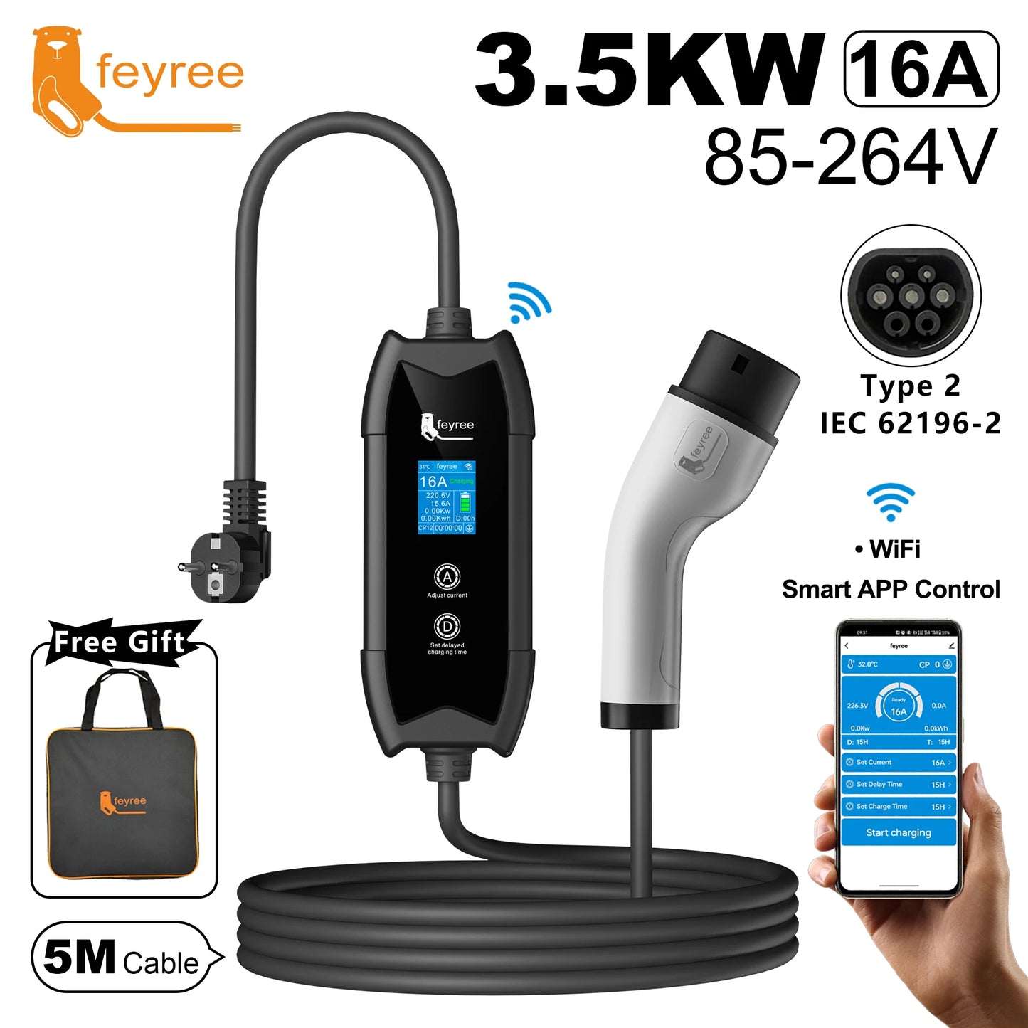 Feyree Type 1/Type 2/GBT/TS-NACS EV laadija WiFi ja APP juhtimisega 16A 3,5kW