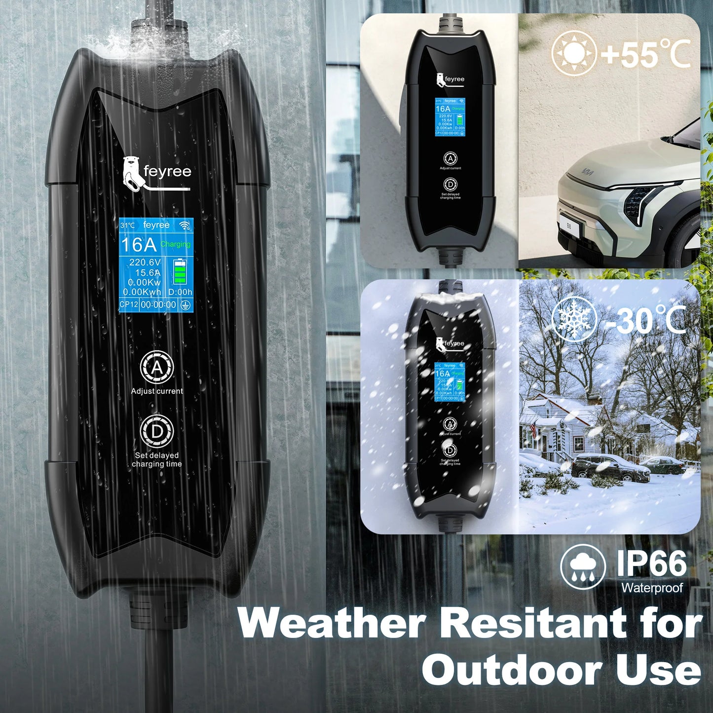Feyree Type 1/Type 2/GBT/TS-NACS EV laadija WiFi ja APP juhtimisega 16A 3,5kW
