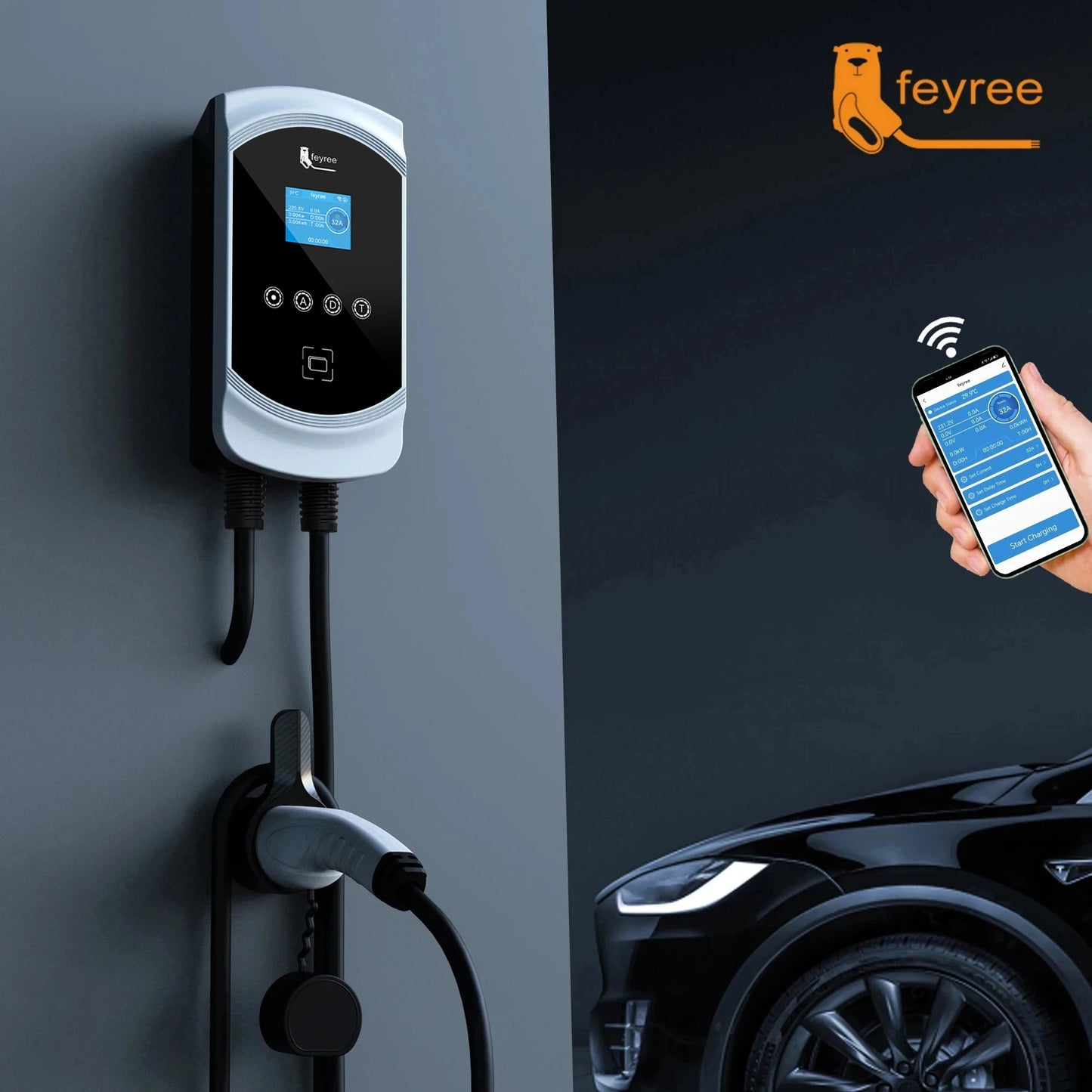 Feyree 32A 7.6KW 3-faasiline EV Laadija Elektriautodele