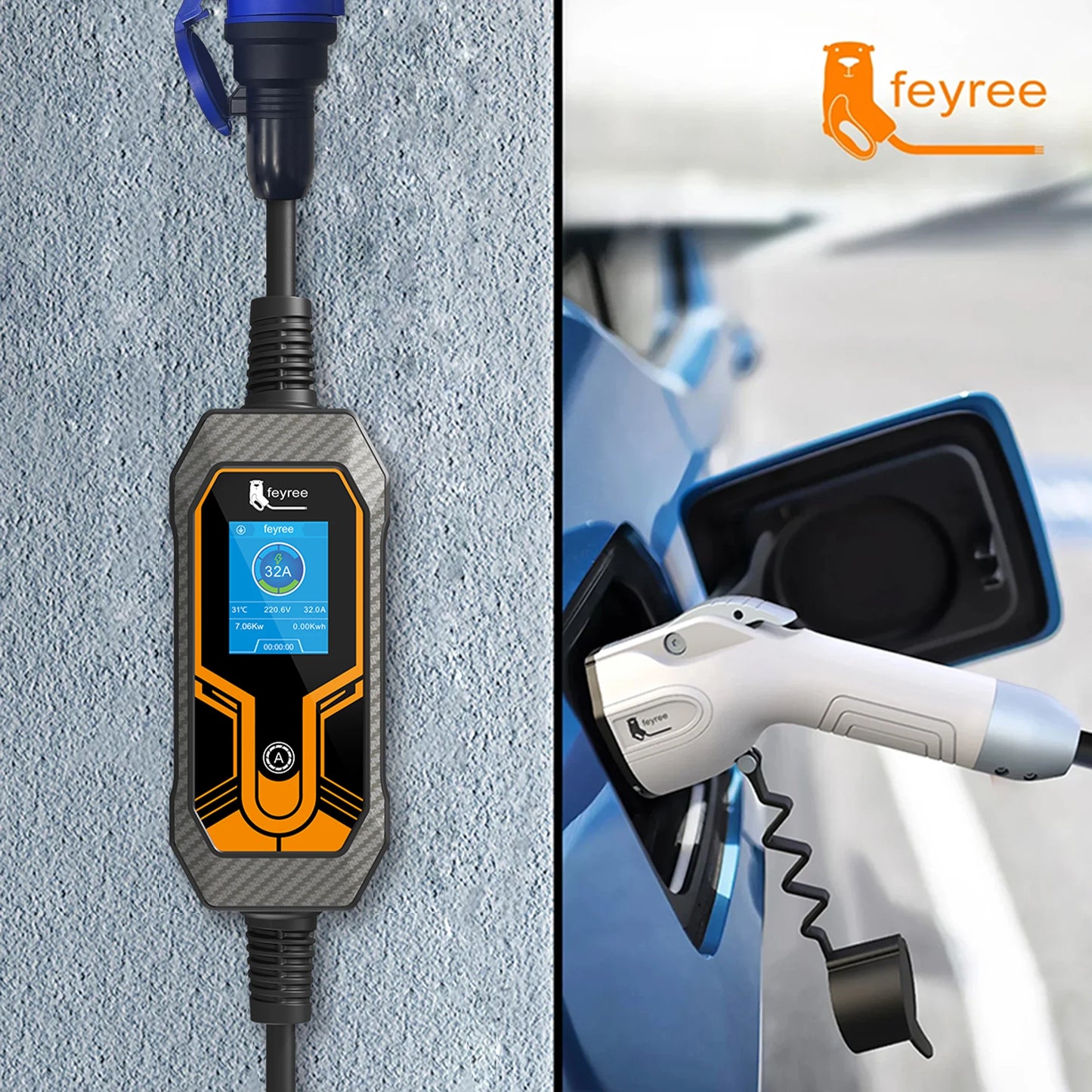 Feyree kaasaskantav EV laadija Wallbox Type 2 kaabel 32A 7KW