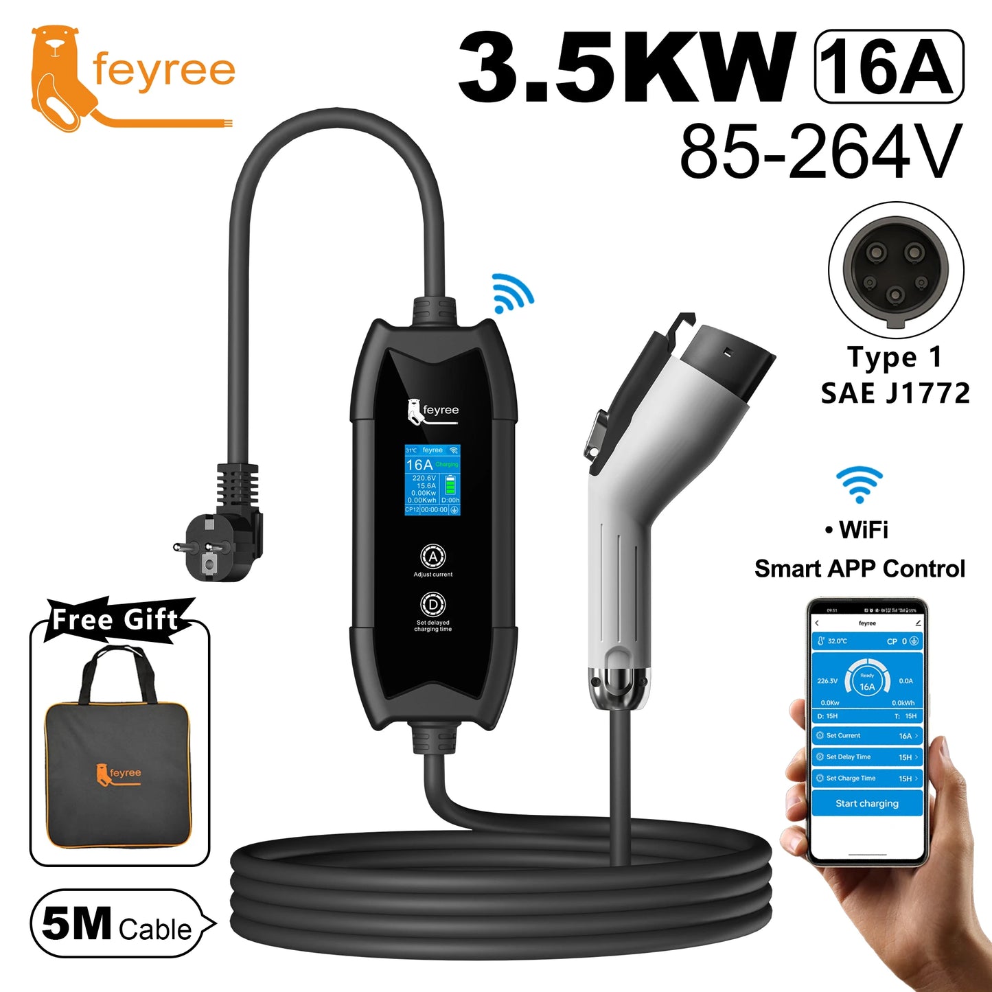 Feyree Type 1/Type 2/GBT/TS-NACS EV laadija WiFi ja APP juhtimisega 16A 3,5kW