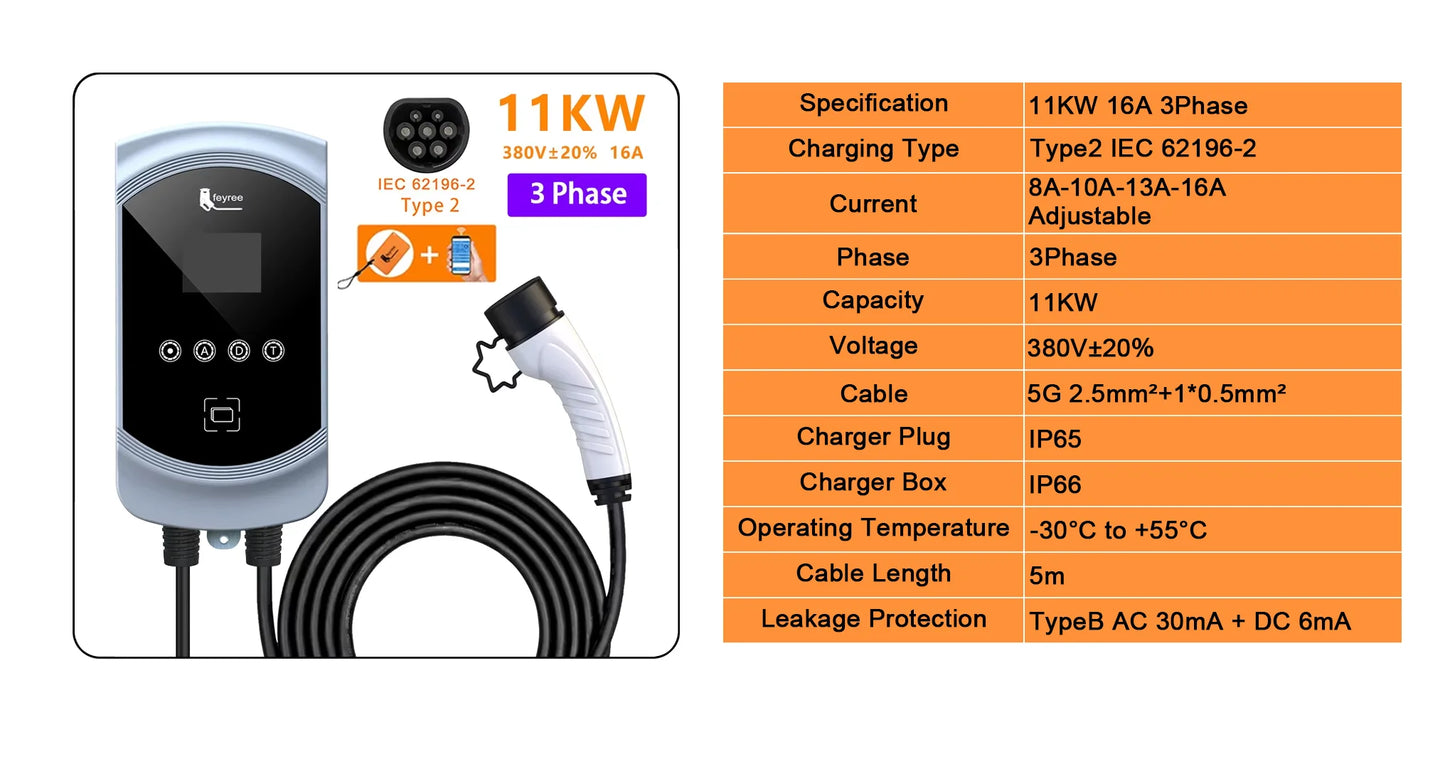 Feyree 32A 7.6KW 3-faasiline EV Laadija Elektriautodele