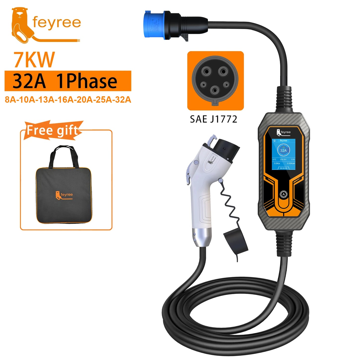 Feyree kaasaskantav EV laadija Wallbox Type 2 kaabel 32A 7KW