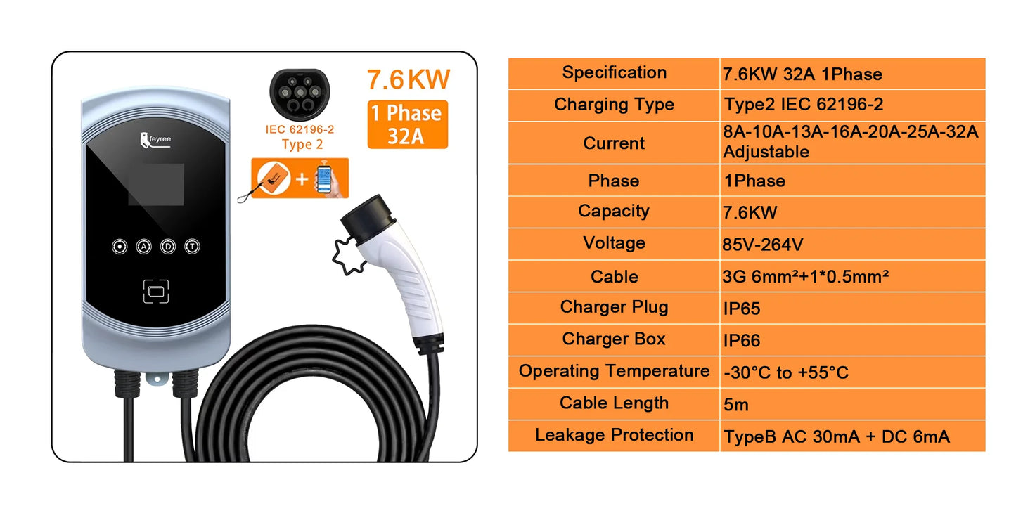 Feyree 32A 7.6KW 3-faasiline EV Laadija Elektriautodele