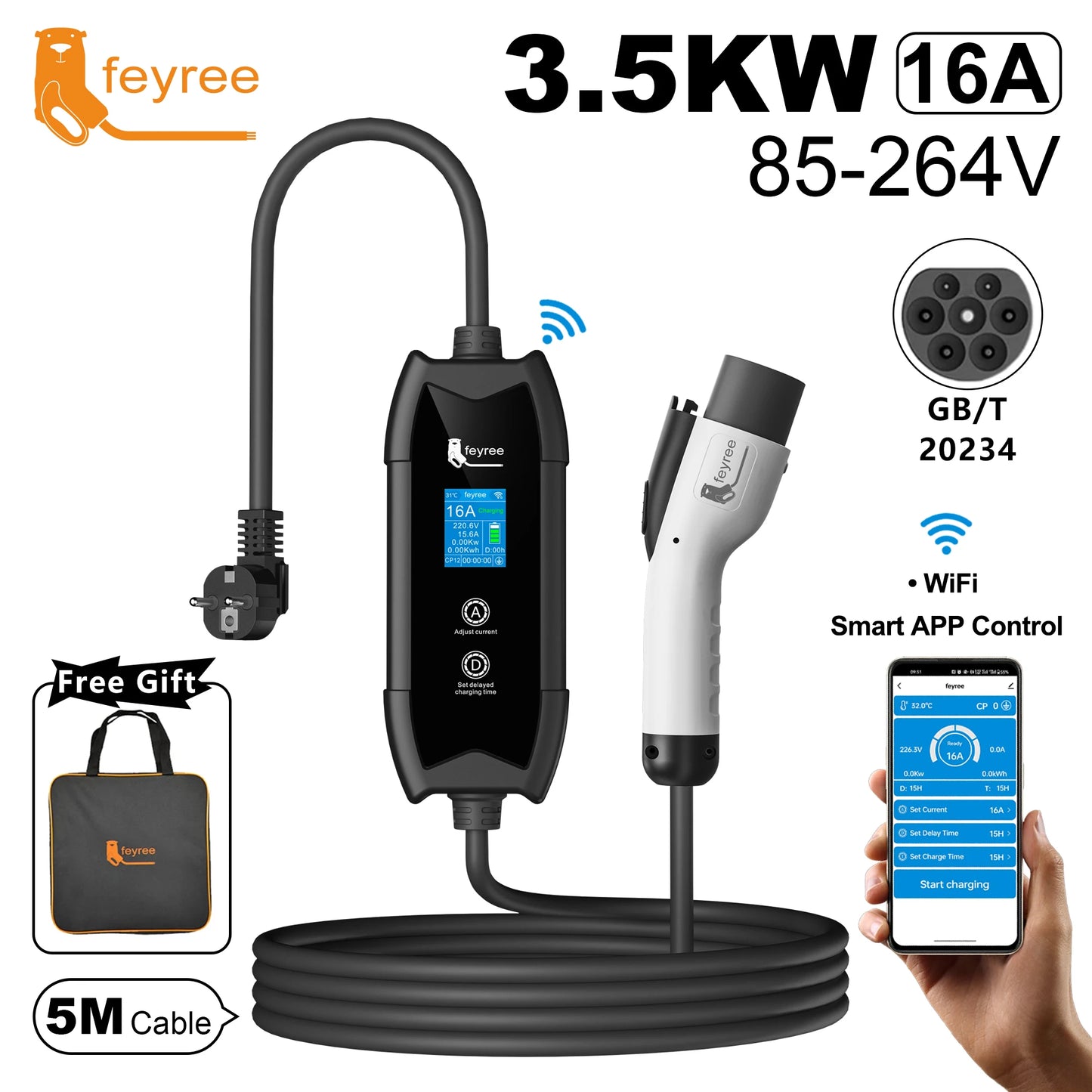Feyree Type 1/Type 2/GBT/TS-NACS EV laadija WiFi ja APP juhtimisega 16A 3,5kW