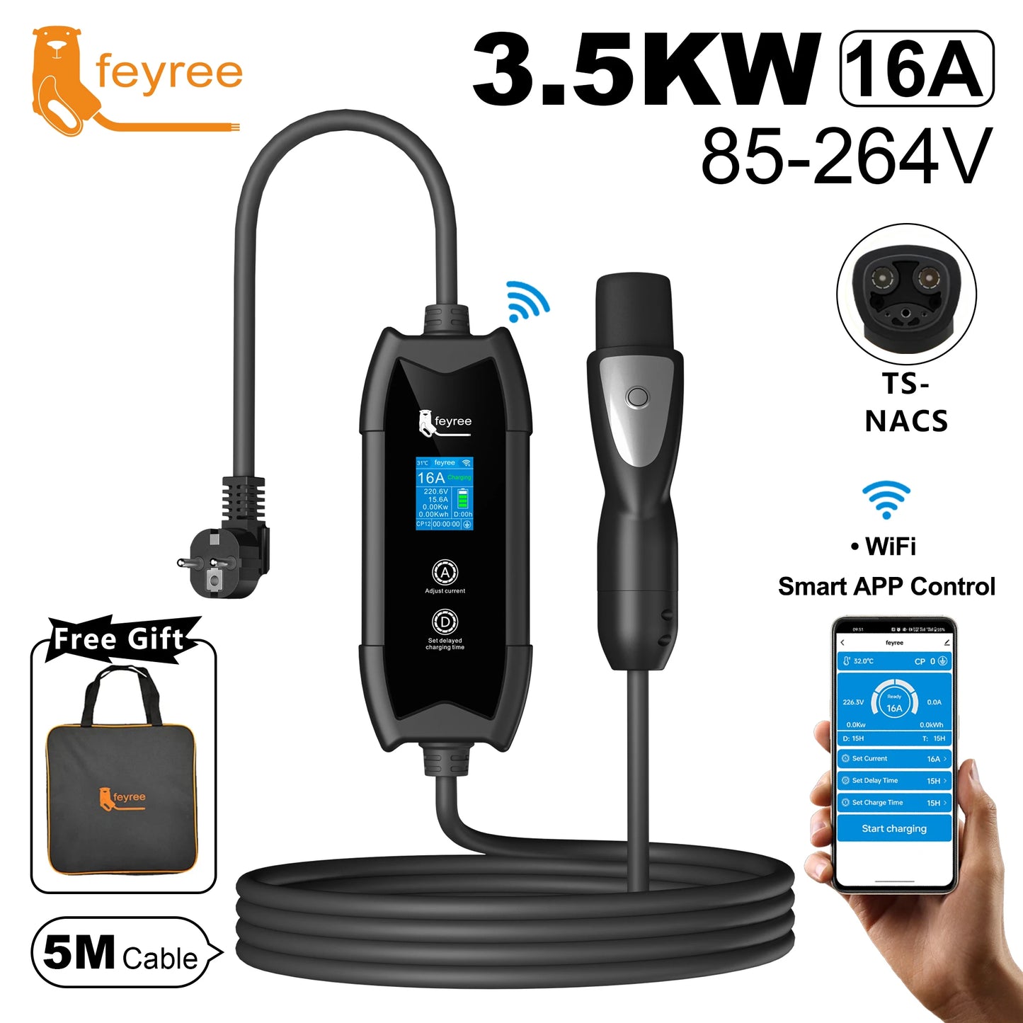 Feyree Type 1/Type 2/GBT/TS-NACS EV laadija WiFi ja APP juhtimisega 16A 3,5kW