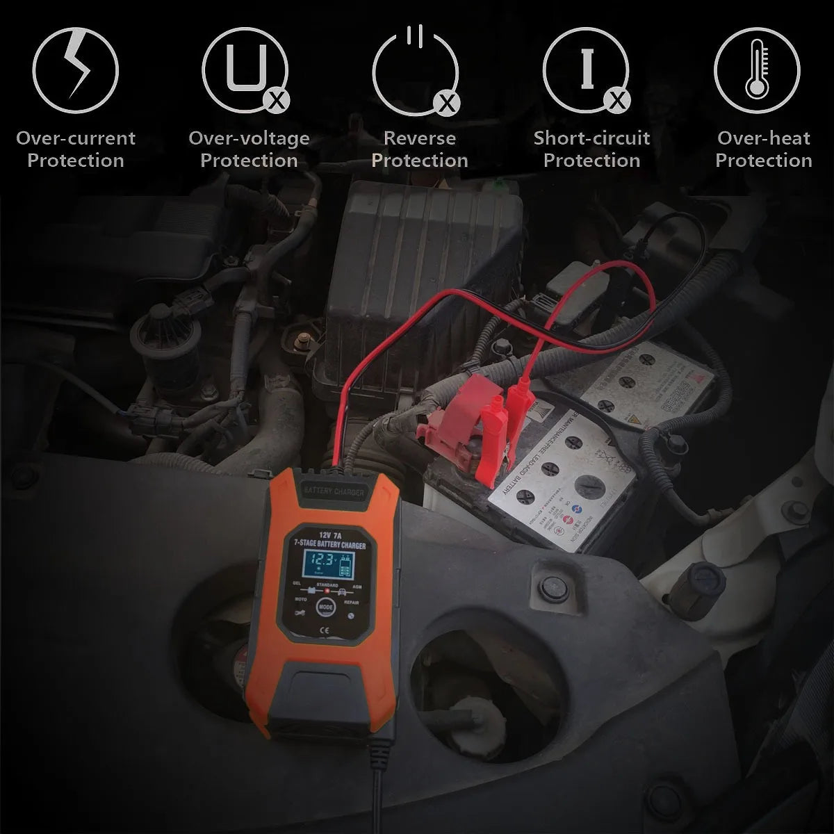 FOXSUR 12V 7A 7-stage smart battery charger