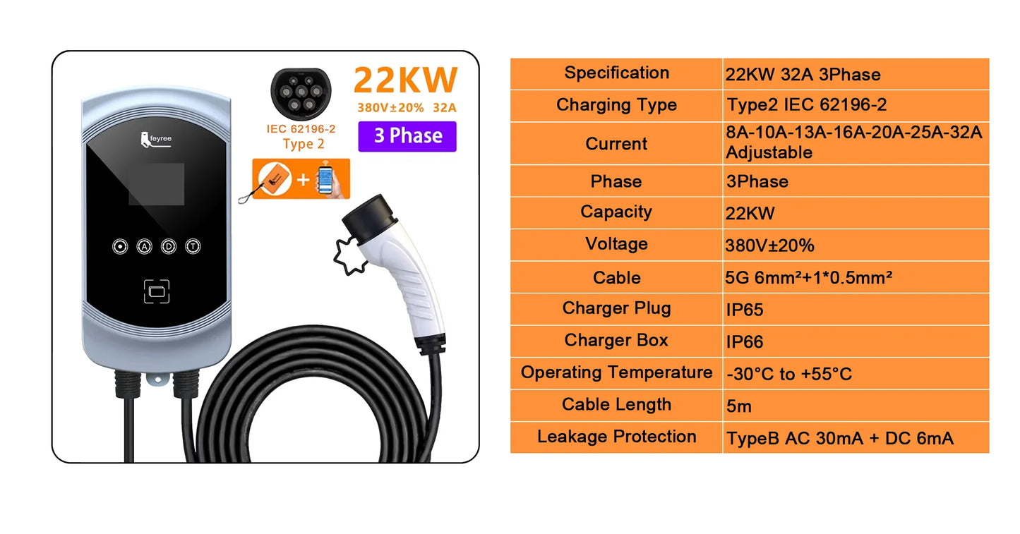 Feyree 32A 7.6KW 3-faasiline EV Laadija Elektriautodele